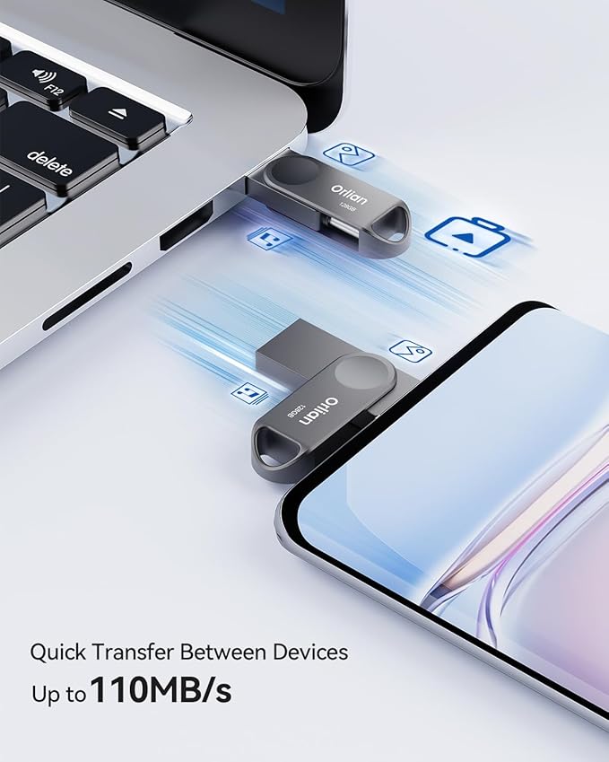 128GB USB C Flash Drive, Dual Drive USB 3.0 and Type C Thumb Drive Up to 110MB/s Read Metal Waterproof Swivel Design Portable for PC Laptop Tablet Android Smartphone iPhone 15 and More, Gray