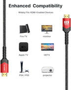 JSAUX 8K Long HDMI Cable 25ft 2-Pack, 48Gbps High Speed HDMI 2.1 Cord, 4K 120Hz/144Hz, 8K@60Hz, Dynamic HDR, DTS:X, 2K, 1080P, 3D, eARC Compatible with Laptop UHD TV Gaming Monitor PS5 PS4 -Red