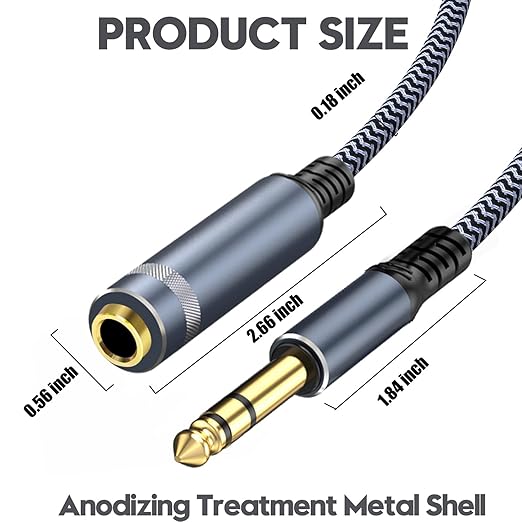 1/4 inch Extension Cable 40ft, 1/4"" inch Male to Female Stereo Headphone Guitar Extension Cable, Quarter inch Headphone Extension Cable, Grey