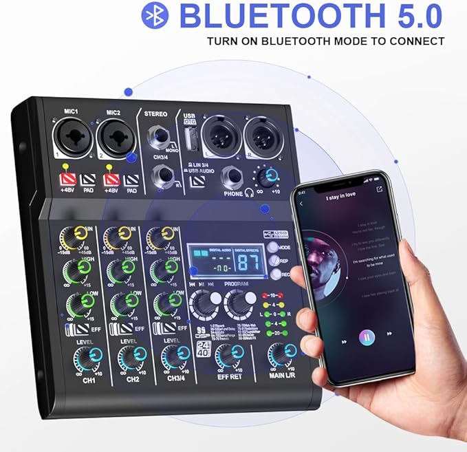 mw-4 black 4Channel Audio Mixer with 99 Sound Effects for PC,Portable Sound Mixing Console with BT USB Recording Input for Live Streaming,Podcasting