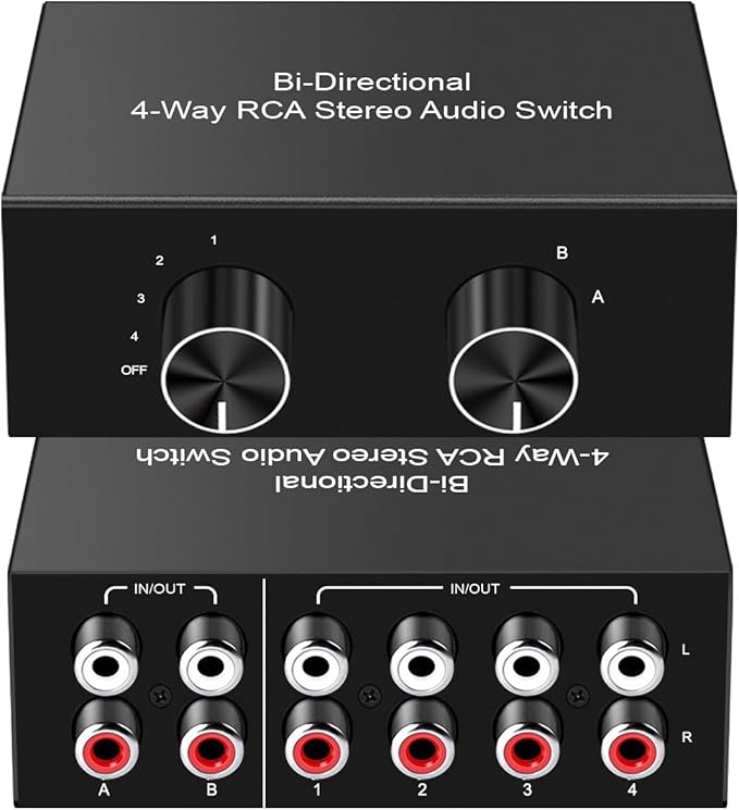Y.D.F 4-Way Bi-Directional RCA Switch, HiFi AV L/R Sound Channel 2 in 4 Out or 4 in 2 Out, L/R Sound Channel Audio Switcher Splitter RCA Stereo Selector for DVD Stereo Speaker CD Player