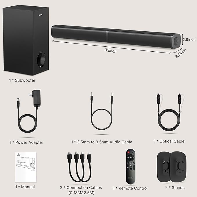 Wohome 2 in 1 Detachable Sound bar with Subwoofers, 4.1 Channel Bluetooth Sound Bar for Smart TV, Home Theater Surround Sound System, Optical, AUX, USB Input, Bass Adjust, Remote/Button Control