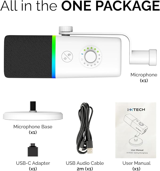 IXTECH Gaming USB Microphone for PC, Noise Cancellation Condenser Mic for Podcasts and Video Streaming with Tripod Stand, Pop Filter, Shock Mount, Gain Control, RGB Lights, Quiet Mute Button (White)