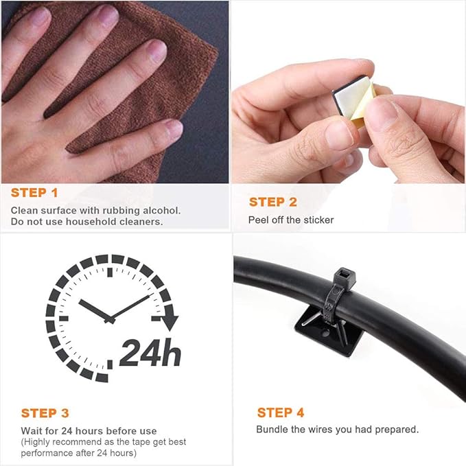 Strong Self Adhesive Wire Clips Cable Zip Tie Mounts 1" with 8 Inch Zipties Black UV Protection Outdoor 100 Pcs,Sticky Wire Fasteners Cable Guide Management Mounting Suqare Holder Anchor Base large