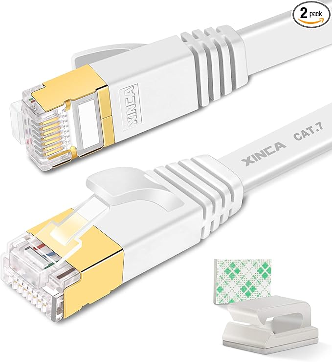 Cat 7 Flat Ethernet Cable 100ft White, High Speed 10GB Shielded (STP) LAN Internet Network Cable Ethernet Patch Computer Cable with Rj45 Connectors and 50pcs Adhesive Cable Clips