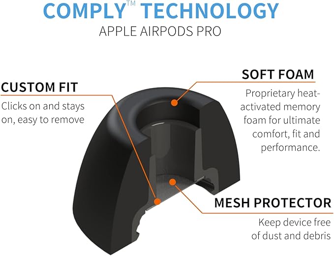 Comply Memory Foam Replacement Earbud Tips for Apple AirPods Pro 1 & 2 | Ultimate Comfort, Secure Fit, Superior Noise Isolation | Anti Slip, Prevent From Falling Out | Black (S/M/L) (3 Pairs)