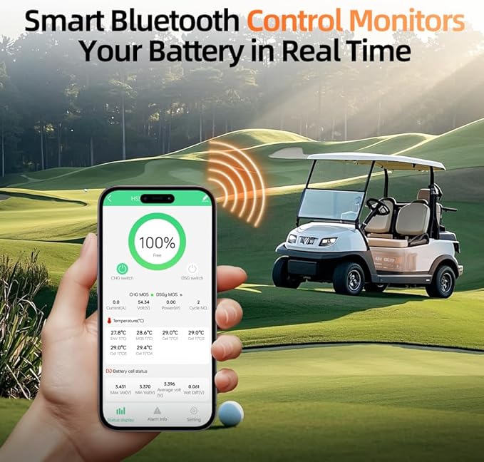 4PCS 48 Volt Lithium Battery for Golf Cart with 48V 15A Charger, 100A Lifepo4 Batterys Built-in Bluetooth 5.0 & 200A BMS, 15000+ Deep Cycle Lithium Battery, 42-58 Mile Ranges for Golf Cart