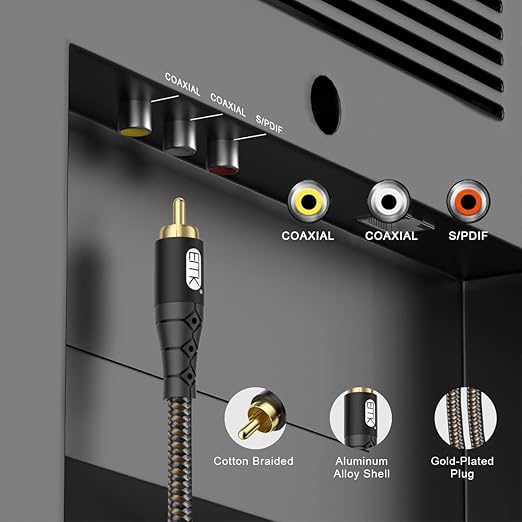 EMK RCA to RCA Subwoofer Cable – 24K Gold-Plated Connector Nylon Braided Double Shielded Audio Cable Digital&Analog Signal Support for Amplifiers Subwoofer Home Theater Hi-Fi Systems Black/3ft/1m