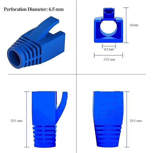 100Pack RJ45 Boot Cover, Cat5 Cat6 Cat6A Ethernet Network Cable Strain Relief Boot, Fits Overall Jacket Diameter 5.5-6.5MM Ethernet Cable (Hole Diameter: 6.5mm, Blue)