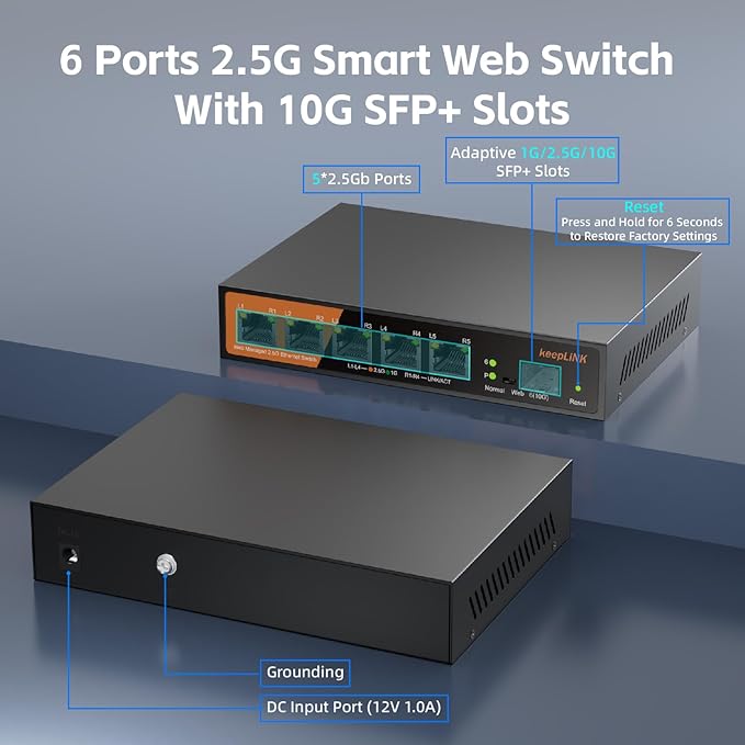 6 Port 2.5G Web Smart Managed Ethernet Switch with 5 x 2.5G Base-T Ports, 1 x 10G SFP+, Static Aggregation, QoS/VLAN/IGMP, Metal Housing Fanless, Desktop/Wall-Mount