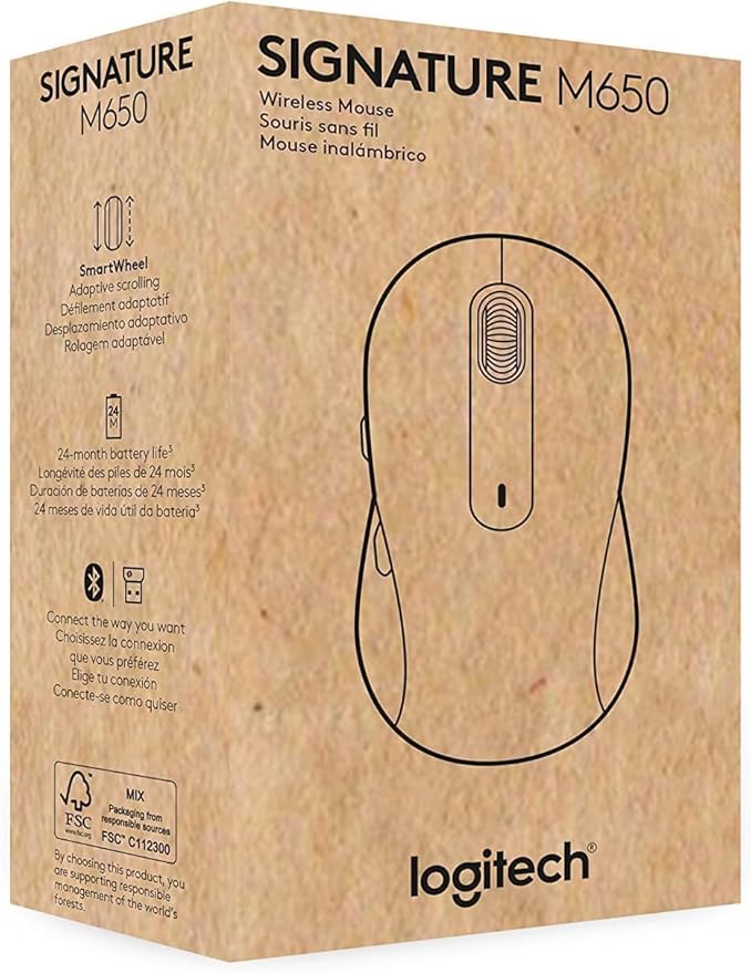 Logitech Wireless Mouse Signature M650 - Small to Medium Sized Hands, Right Handed, 2-Year Battery, Silent Clicks, Customizable Buttons, Bluetooth, PC/Mac?Chromebook - Black
