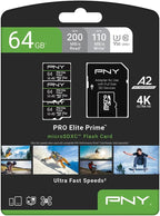 PNY 64GB PRO Elite Prime C10 U3 V30 A2 microSDXC Flash Memory Card – Ultra-Fast Speeds, Read 200MB/s, Write 110MB/s, 4K UHD, Full HD, UHS-I, for Smartphones, Drones, Action Cameras, 3-Pack