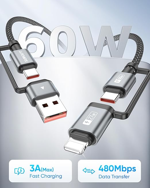 SUNGUY 4 in 1 Charging Cable 2FT [2 Pack], 60W Multi Charging Cable, USB-C/A to Lighting/C Cord for iPhone 16/15/14 Pro/iPad/MacBook/Samsung Galaxy S25/S24/Tablets
