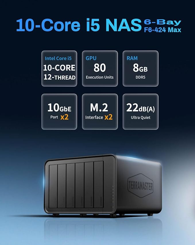 TERRAMASTER F6-424 Max NAS Storage - 6Bay Core i5 1235U 10-Cores 12-Threads, 8GB DDR5 RAM, Dual 10GbE Ports, Network Attached Storage Peak Performance for Business (Diskless)