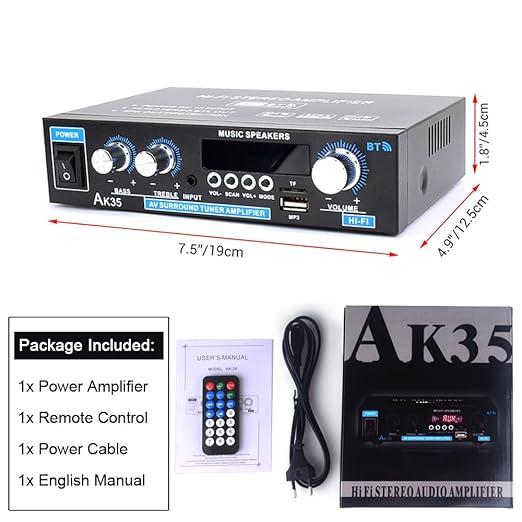 AK35 Stereo Amplifier Home Audio Bluetooth 5.0 Max 200W 2.0 Channel Mini Amplifier Stereo Receivers for Car, Home Party, Audio Amplifier AMP w/USB/TF Card/AUX Input/Bass & Treble Control