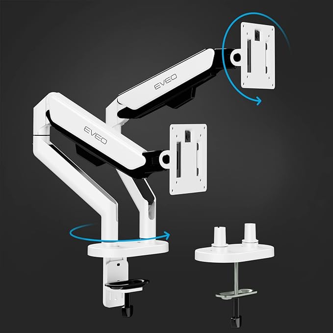 EVEO Premium Dual Monitor Mount 14"-35” Dual Monitor Arm VESA Bracket Adjustable Height Gas Spring Dual Monitor Stand, Screen Full Motion Dual Monitor Arm-Computer Monitor Stand for 2 Screens - White