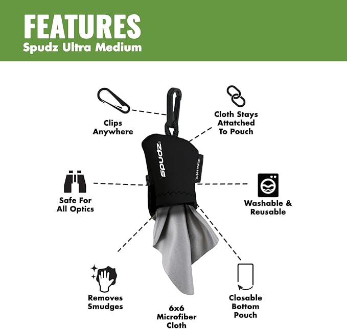 SPUDZ Ultra Microfiber Lens Cleaner – Closable Pouch, Clip-On, Washable – for Optics, Scopes, Glasses | Carbon Fiber, 6 x 6 Inch