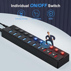 Powered USB Hub, 10-Port USB Splitter Hub (7 Faster Data Transfer Ports+ 3 Smart Charging Port) with Individual LED On/Off Switches and 12V/3A Power Adapter USB Extension for Mac, PC and More