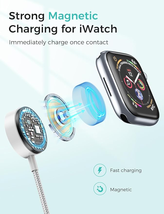 Upgraded Travel Essentials for Apple Watch Charger 4 in 1 Multi Charging Cable iWatch Charger Camping Essentials USB C/L/Micro Compatible with iWatch Series 10-1/SE/iPhone 16 15/Galaxy Android-4FT