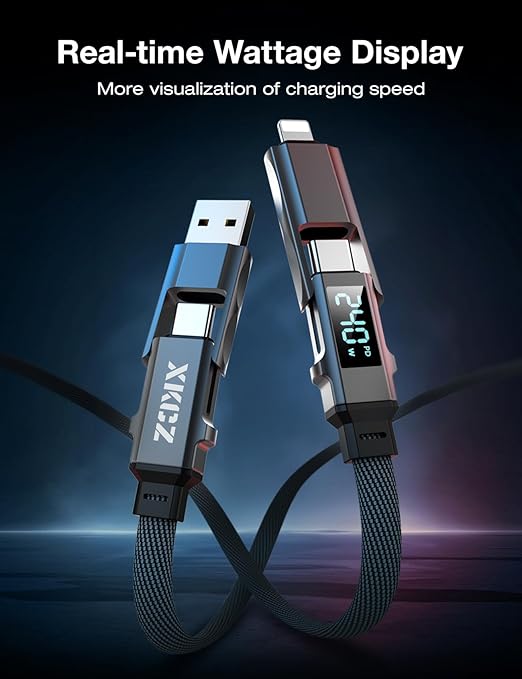 4 in 1 USB C Cable with Wattage Display, 240W Flat Nylon Braided Multi Charge Cable with Data Sync, USB C Charging Cord Combo Type C/USB A/L Port for iPhone/iPad/Samsung/Laptop, 3FT