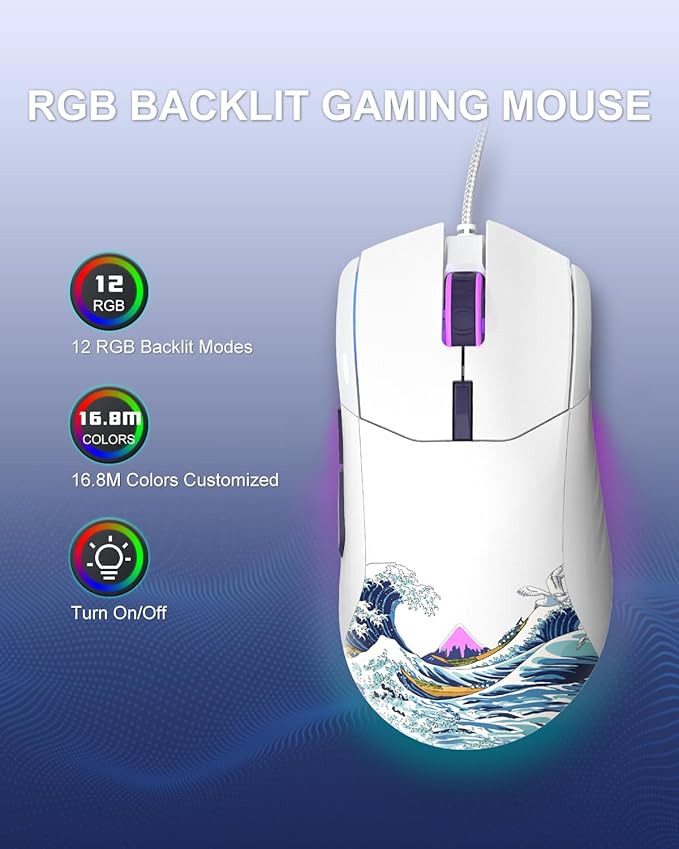 COSTOM Womier G705 USB Wired Gaming Mouse for PC Computer Windows Mac Laptop, Lightweight Silent RGB Backlit Mouse with Adjustable 12000DPI/7 Programmable Side Buttons,White Kanagawa Theme