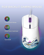 COSTOM Womier G705 USB Wired Gaming Mouse for PC Computer Windows Mac Laptop, Lightweight Silent RGB Backlit Mouse with Adjustable 12000DPI/7 Programmable Side Buttons,White Kanagawa Theme
