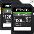 PNY 128GB Elite-X Class 10 U3 V30 SDXC Flash Memory Card - 100MB/s, Class 10, U3, V30, 4K UHD, Full HD, UHS-I, Full Size SD (Pack of 2)