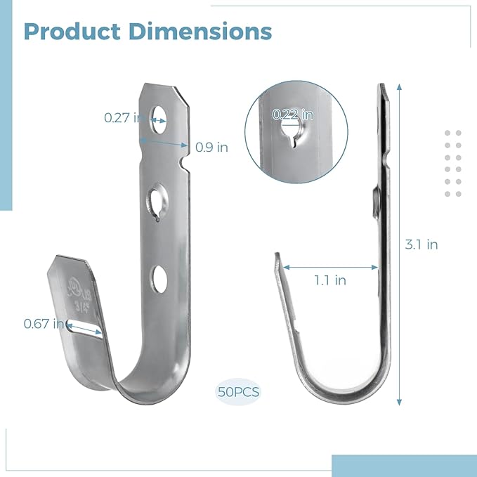OMISTAR 50 PCS Cable Support J Hooks, 3/4 in Cable Management Brackets, Heavy Duty Galvanized Iron Wire Hooks for Network Cables, Fiber Optics, Rust-Resistant for Outdoor Use