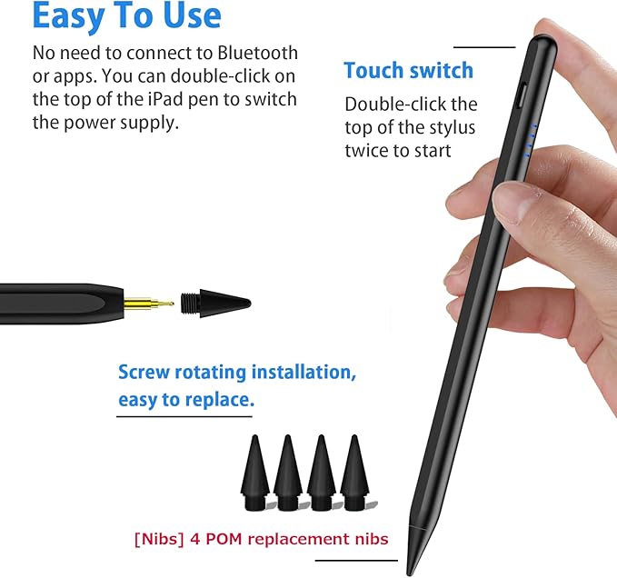 Stylus Pen for iPad 9th&10th - Fast Charge for iPad Pencil Palm Rejection Active Pen Compatible with (2018-2025) Apple iPad 6/7/8/9/10/11(A16), iPad Pro 11"/12.9"/M4, Mini 5/6, Air 3/4/5/M2/M3 (Black)
