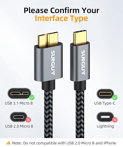 SUNGUY 10Gbps Micro B to USB C Hard Drive Cable 1.5FT, USB 3.1 USB C to Micro B, High-Speed External Hard Drive USB C Cable for iPhone 16/15 Series, MacBook Pro/Air, iPad, WD Toshiba Westgate Seagate