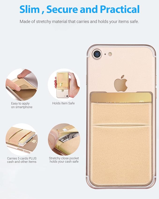 2 Pack Stick On Wallet Sleeve Cell Phone Dual Pocket Card Holder Double Pocket Pouch for iPhone Android Smartphone (2 Pack Gold)