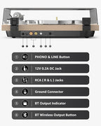 Turntable Record Player Wireless Output Carbon Fiber Tonearm Vinyl Player Aluminium Platter Belt-Drive LP Turn Tables 33 1/3&45 RPM Audio Phono RCA Line Out AT-3600L MM Cartridge Pale Walnut White