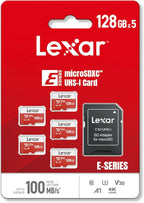 Lexar E-Series 128GB Micro SD Card 5 Pack, microSDXC UHS-I Flash Memory Card with Adapter, 100MB/s, C10, U3, A1, V30, Full HD, 4K UHD, High Speed TF Card
