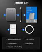 ORICO 2TB Magnetic Portable SSD, Aluminum Alloy, 4K 120 fps ProRes HDR Record and Store, Up to 2000MB/s, External Solid State Drive, Compatible with iPhone 16 Pro Max, Tablet, Computer - K20