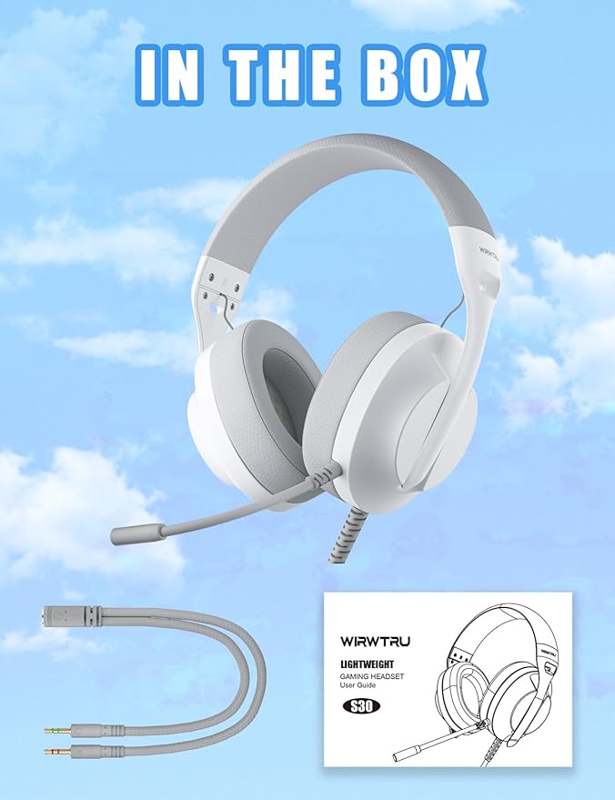 S30 Gaming Headset with Microphone,198g Lightweight Design, Wired Gaming Headphones for Xbox, Xbox Series X|S, PS5, PS4, Switch, PC, Noise Cancelling Mic, Soft Earmuffs (White)