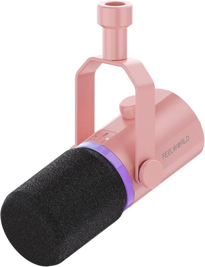 FEELWORLD PM1 XLR USB Dynamic Microphone Gifts for Podcast Recording PC Computer Gaming Live Streaming Vocal Voice-Over, Studio Metal Mic with RGB Light, Mute Button, Headphones Jack (Pink)