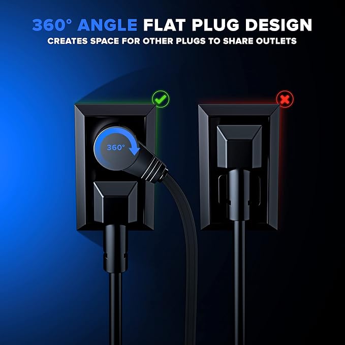 Maximm Cable 10 Ft 360° Rotating Flat Plug Extension Cord/Wire, 16 AWG Multi 3 Outlet Extension Wire, 3 Prong Grounded Wire - Black - UL Certified