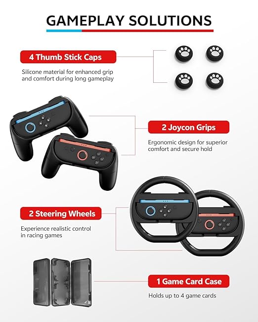 Switch 2 Accessories Bundle for Nintendo, 16-in-1 Game Kit: Carrying Case, Screen Protectors with Alignment Frame, Steering Wheels, Grips for Joycon Controller, Dockable Console Protective Cover Shell