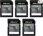 PNY 32GB Elite Class 10 U1 V10 SDHC Flash Memory Card - 100MB/s Read, Class 10, U1 Full HD, UHS-I, Full Size SD (Pack of 5)