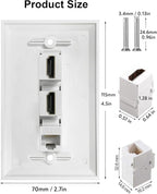 HDMI Ethernet Wall Plate - 2 Port 4K HDMI Keystone, 1 Port Cat6 Keystone Wall Plate Female to Female-White