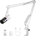 EJoy D10 PRO(A) USB Wireless Gaming Microphone – Boom Arm Mic with Wired/Wireless Modes, XLR/USB-C, Real-Time Monitoring, 45H Battery, RGB Dynamic Mic for Gaming, Streaming, Podcast, Recording (White)