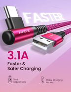 AINOPE USB C Cable [4-Pack, 3.1A] Type C Charger Fast Charging, Right Angle [10/6.6/3.3/3.3ft] USB A to USB C Cable Nylon Braided Compatible with Galaxy S22 S10 Plus S21 S20, Note 10, LG Google Pixel