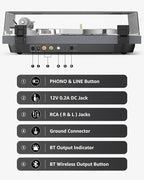 Turntable Record Player Wireless Output Carbon Fiber Tonearm Vinyl Player Aluminium Platter Belt-Drive LP Turn Tables 33 1/3&45 RPM Phono Level Audio RCA Line Output AT-3600L MM Cartridge Grey