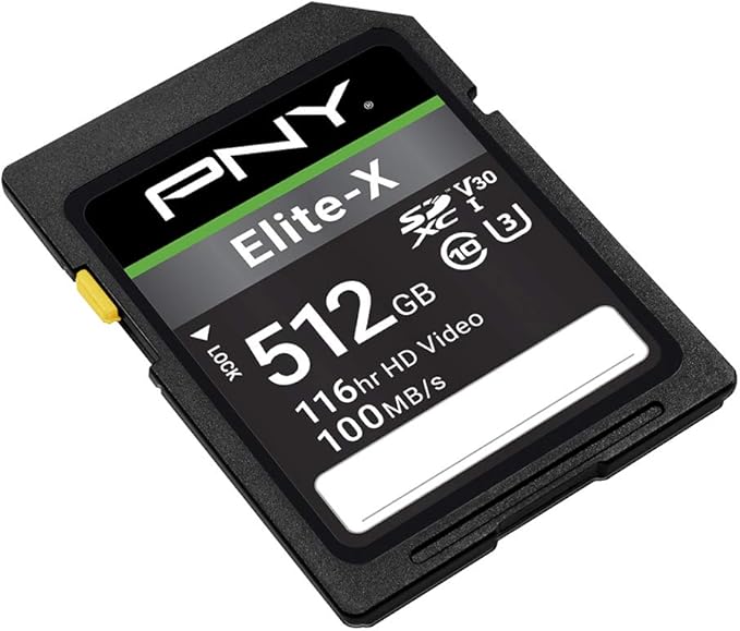 PNY 512GB Elite-X Class 10 U3 V30 SDXC Flash Memory Card - 100MB/s, Class 10, U3, V30, 4K UHD, Full HD, UHS-I, Full Size SD (Pack of 1)