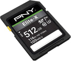 PNY 512GB Elite-X Class 10 U3 V30 SDXC Flash Memory Card - 100MB/s, Class 10, U3, V30, 4K UHD, Full HD, UHS-I, Full Size SD (Pack of 1)