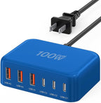 USB C Fast Charger 100W GaN 6 Port Type USB C Charging Station Hub Block Wall Charger Power Strip Adapter Plug Cube Brick 3 USB A for iPad iPhone16 15 14 13 12 11 Pro Max Pixel Note Galaxy
