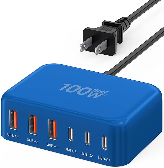 USB C Fast Charger 100W GaN 6 Port Type USB C Charging Station Hub Block Wall Charger Power Strip Adapter Plug Cube Brick 3 USB A for iPad iPhone16 15 14 13 12 11 Pro Max Pixel Note Galaxy