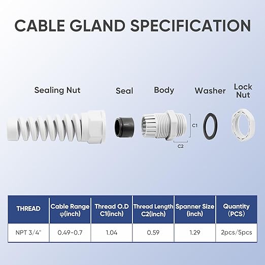 Strain Relief Cord Connector,LISTENJIALE 5Pcs NPT 3/4" Waterproof Cable Gland Flex Spiral Strain Relief Adjustable 12.5-18mm Cable Connector Nylon Joint with Gaskets(Grey)