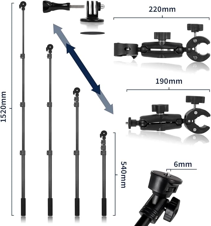 Motorcycle Bike Handlebar Double clamp Mount Invisible Selfie Stick Super Camera Clamp 360°Rotating Extendable Ballhead Magic Arm 60'' for Insta360 ONE X3 X2 X RS R Go 2 3 Action Camera, Black