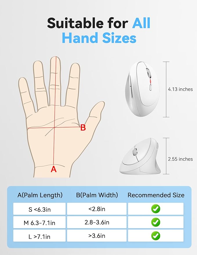 TECKNET Wireless Mouse, 5 Adjustable DPI Levels, 6 Buttons, 4800 DPI Wireless Vertical Mouse, 2.4G Silent Wireless Mouse for Laptop, PC, Chromebook, Mac - Light White